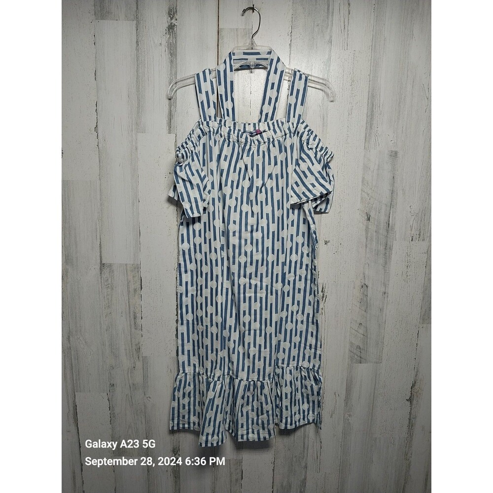 Issac Mizrahi Live Women's Size 10 Blue White Striped Polka Dot Dress With Sash